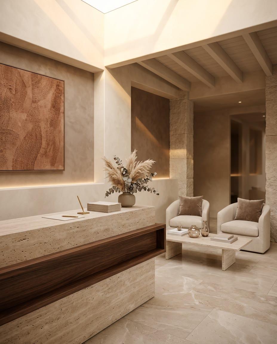 Recepción con luz dorada y textura mineral