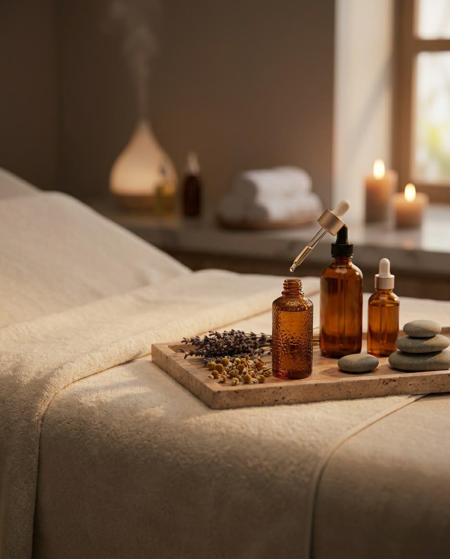 Ritual editorial de spa con luz cálida y elementos botánicos