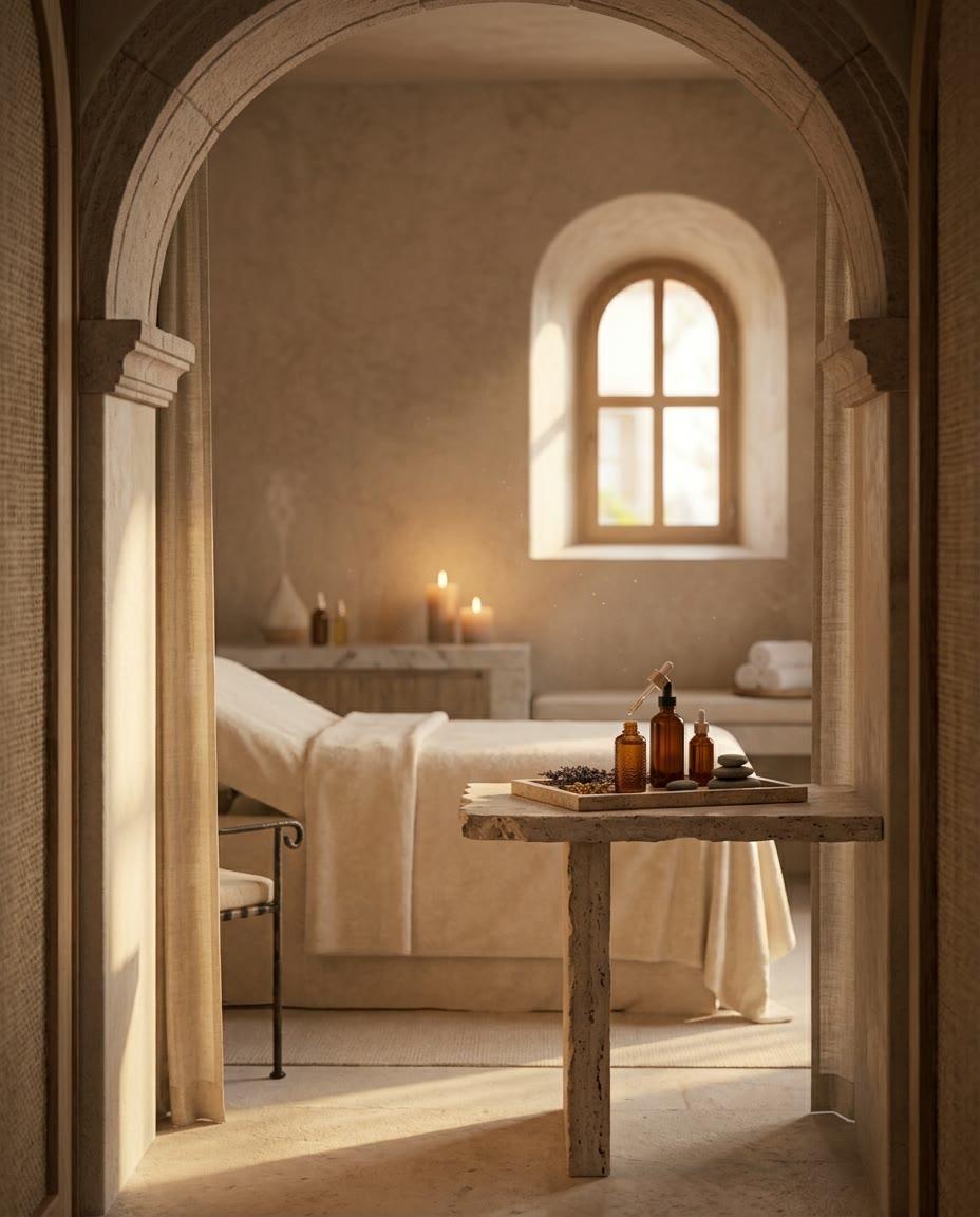 Interior del spa con arquitectura cálida y ambiente sereno